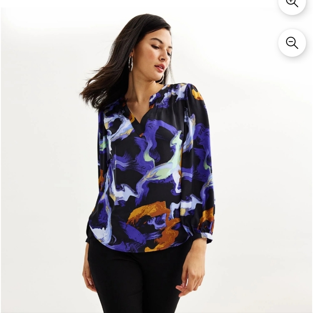 Nine West Y-Neck Pintuck Blouse Blue Multi Marble Women Size XS